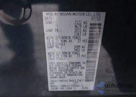 2015 Nissan Rogue Sl из США, поврежденный, VIN 5N1AT2MV2FC901287